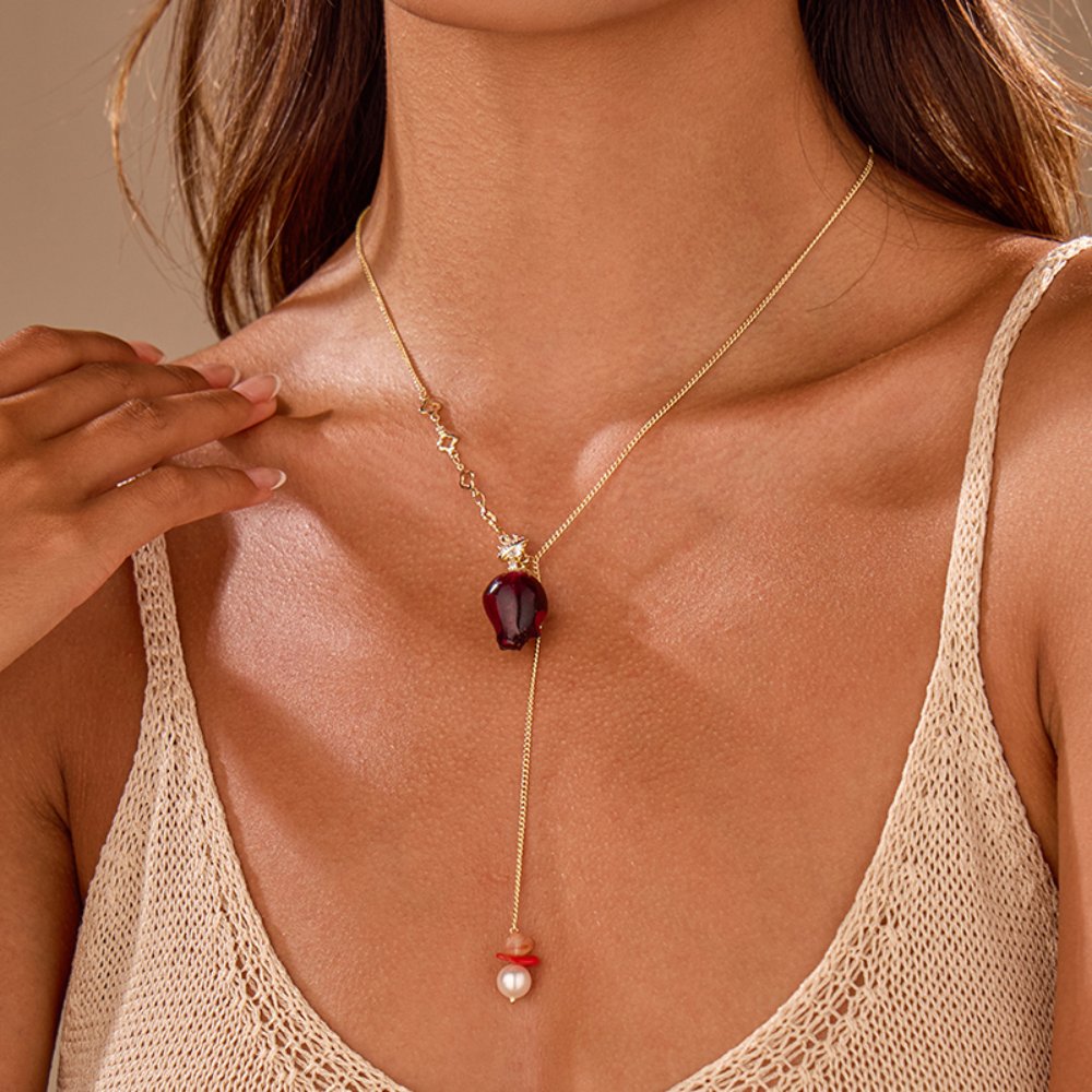 Natural Leaf Necklace European & American Style Natural Rose Freshwater Pearl Lariat Necklace