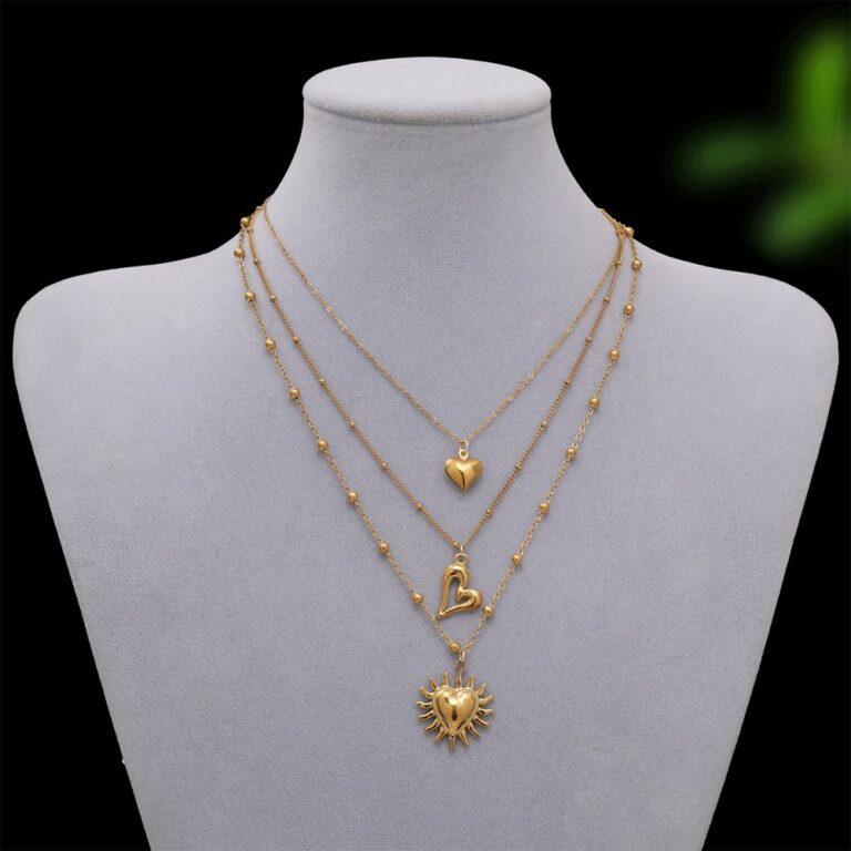 Stainless steel necklace 18K Gold Plated Multi Layer Necklace, Sun & Heart Pendant Stacked Necklace