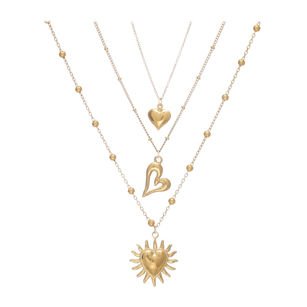 Stainless steel necklace 18K Gold Plated Multi Layer Necklace, Sun & Heart Pendant Stacked Necklace
