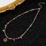 Stainless steel necklace Boho Natural Mixed Stone Sun Pendant Choker Necklace