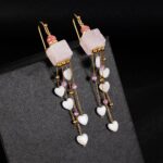 Stainless steel necklace 18K Gold Plated Pink Quartz Heart Tassel Jewelry Set, Necklace & Earrings