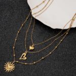 Stainless steel necklace 18K Gold Plated Multi Layer Necklace, Sun & Heart Pendant Stacked Necklace