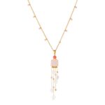 Stainless steel necklace 18K Gold Plated Pink Quartz Heart Tassel Jewelry Set, Necklace & Earrings