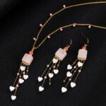 Stainless steel necklace 18K Gold Plated Pink Quartz Heart Tassel Jewelry Set, Necklace & Earrings