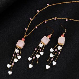 Stainless steel necklace 18K Gold Plated Pink Quartz Heart Tassel Jewelry Set, Necklace & Earrings