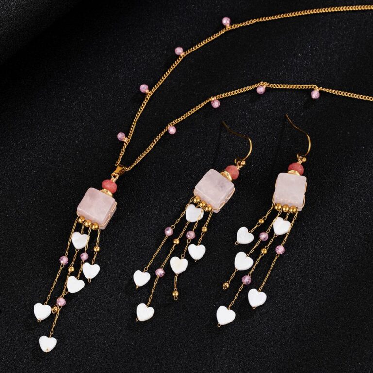 Stainless steel necklace 18K Gold Plated Pink Quartz Heart Tassel Jewelry Set, Necklace & Earrings