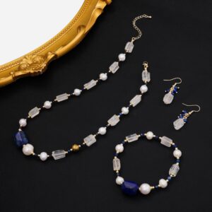Stainless steel necklace Vintage Style Clear Crystal Lapis Lazuli & Pearl Jewelry Set