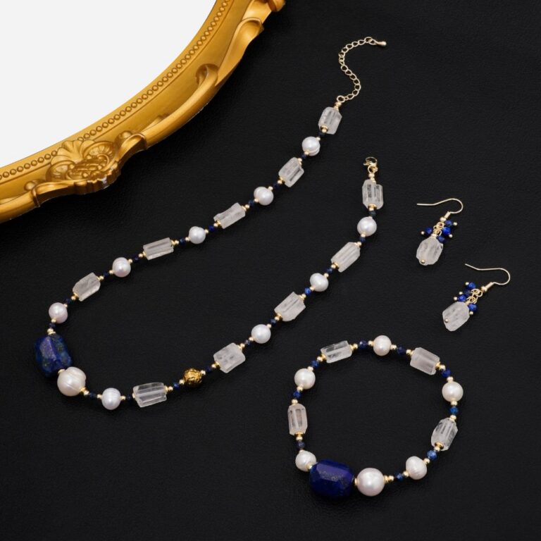 Stainless steel necklace Vintage Style Clear Crystal Lapis Lazuli & Pearl Jewelry Set