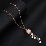 Stainless steel necklace 18K Gold Plated Pink Quartz Heart Tassel Jewelry Set, Necklace & Earrings